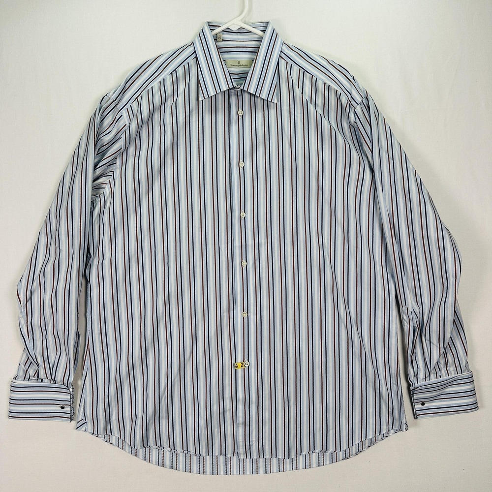 Ermenegildo Zegna Dress Shirt Mens 17 French Cuffs Blue Brown Stripe Long Sleeve - Picture 2 of 9
